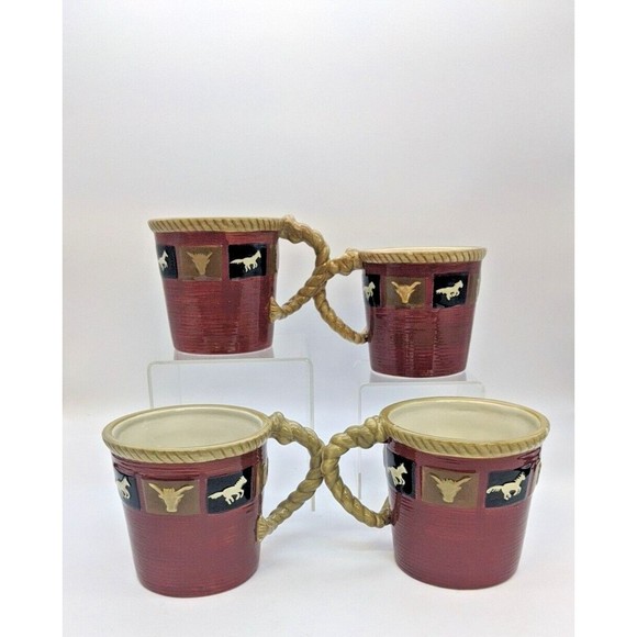 Sonoma Home Happy Trails Red 16 oz Ceramic Coffee Tea Mugs Western Horse Set 4 - Picture 2 of 10